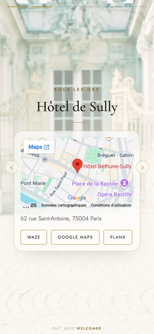 Écran du lieu d'une invitation Welcomer : l'adresse, une carte et les boutons Waze, Google Maps et Plans.