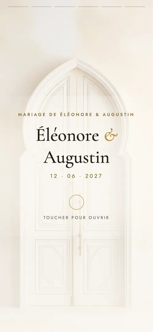 Écran d'ouverture d'une invitation Welcomer : les prénoms des mariés devant une porte à ouvrir.