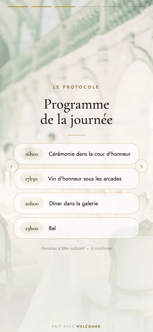 Écran « Programme de la journée » d'une invitation Welcomer : cérémonie, vin d'honneur, dîner et bal, chacun avec son heure.